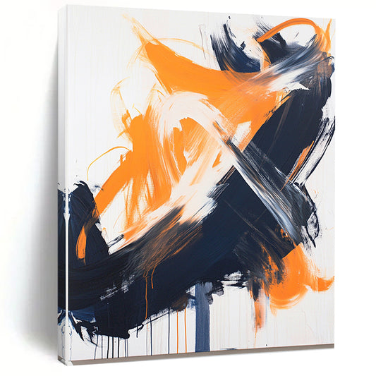 White, Orange, Black, Gray, Bold Brushstrokes "Fiery Clash" Abstract Expressionist Painting On Canvas HB056