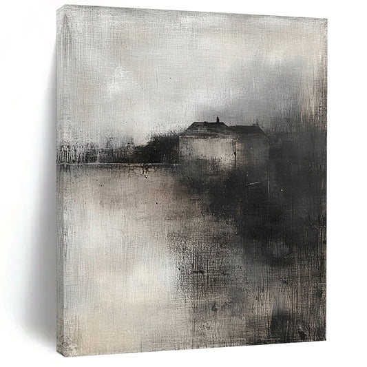 Contemporary abstract painting featuring a soft misty landscape with neutral tones and a small village on the horizon. DLZ0389