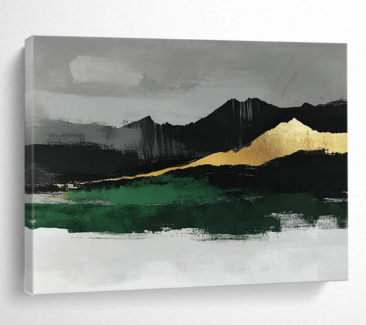 “Gold - Mountain Landscape with Green” - Gold, Green, Black, Gray, Mountain Shapes Painting On Canvas HB0808