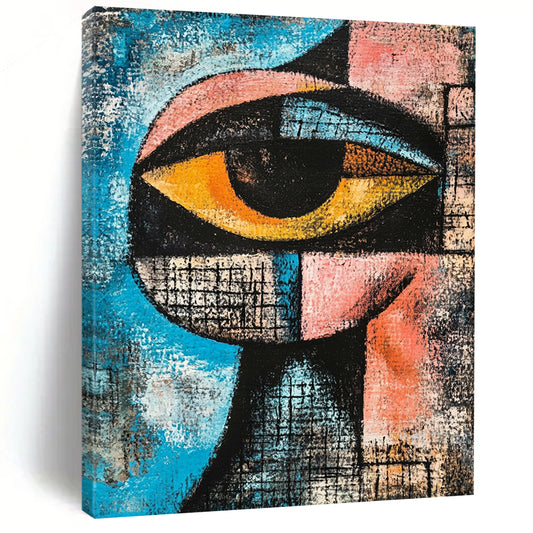 Contemporary hand-painted abstract art featuring a cubist eye in blue, pink, and black with dynamic shapes and textured depth for striking composition. DLZ1237