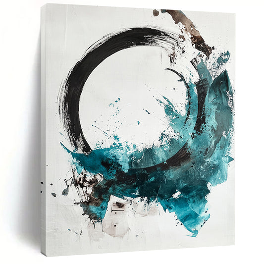 Black, White, Teal, Brown, Splattered Circle "Colorful Enso" Abstract Expressionist Painting On Canvas HB094