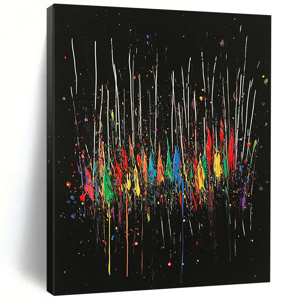 Black, Colorful Drips, White Streaks "Rainbow Cascade" Abstract Painting On Canvas HB024