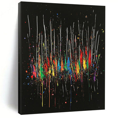 Black, Colorful Drips, White Streaks "Rainbow Cascade" Abstract Painting On Canvas HB024