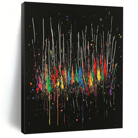 Black, Colorful Drips, White Streaks "Rainbow Cascade" Abstract Painting On Canvas HB024