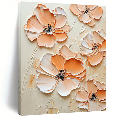 Contemporary abstract art features peach-colored flowers against a cream background with an embossed effect in beige and white for an elegant aesthetic. DLZ1688