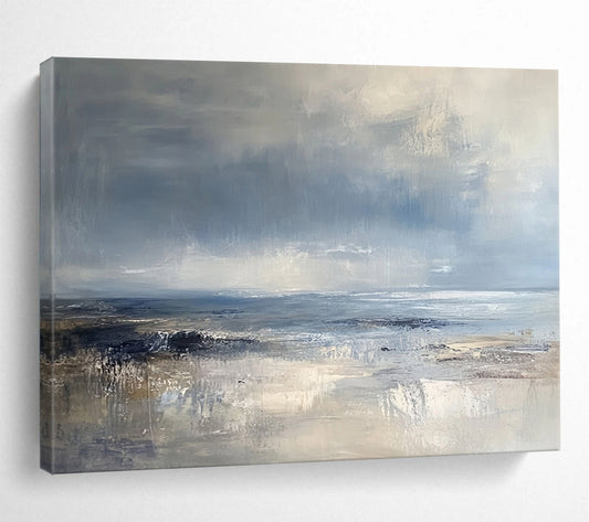 “Textured Coastal View” - Blue, Gray, Beige, Layered Seascapes and Dynamic Skies Painting On Canvas HB0921