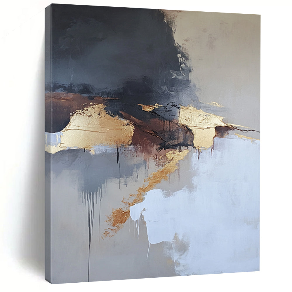Contemporary abstract painting features aerial views with dark gray and white clouds gold elements in beige tones and thick brush strokes. DLZ0448