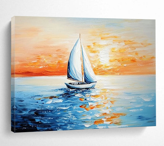 “Single Sailboat at Sunset” - Oranges, Reds, Blues, Solitary Sailboat on the Sea - Impasto Oil Painting HB1737