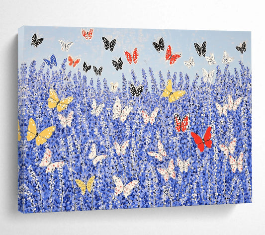 “Butterflies in Blue Field” - Blue, Yellow, Red, Nature Scene with Butterflies - Acrylic Painting HB1654