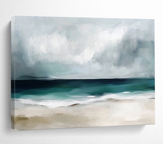 “Stormy Beach Abstract” - Gray, Teal, White, Beige - Abstract Stormy Beach Scene - Acrylic Painting HB1310