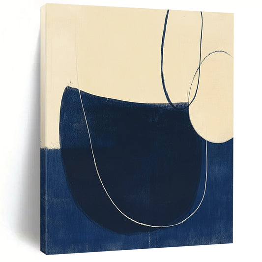 Contemporary hand-painted abstract artwork featuring minimalist line drawings, elegant curves, and a navy blue and cream palette in woodblock print style. DLZ1633