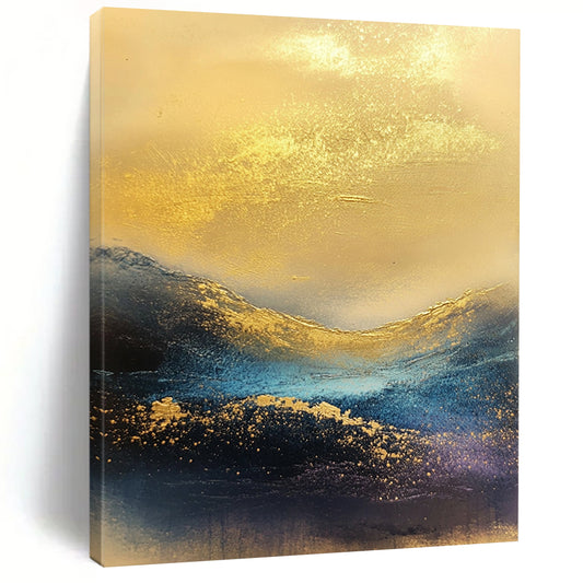 Contemporary abstract painting featuring waves of golden and blue hues, atmospheric textures, ideal for modern decor. DLZ0421