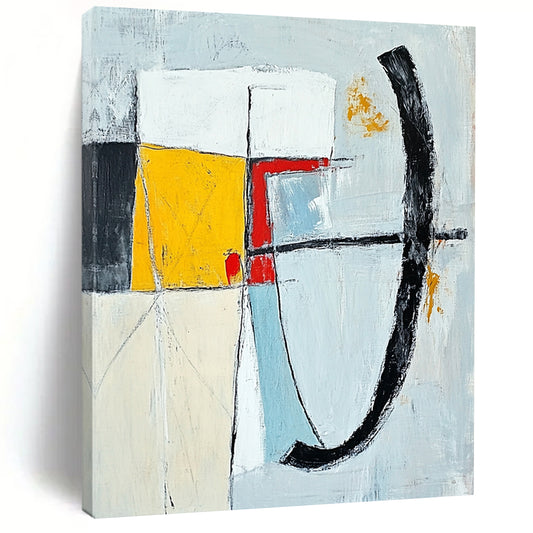 Contemporary abstract painting featuring bold brushstrokes in gray blue yellow and white with a striking red line and unique shapes on a white background. DLZ0637