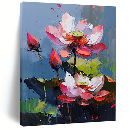 Contemporary hand-painted abstract artwork features vibrant lotus flowers with pink and red petals against a blue background creating a lively atmosphere. DLZ0423