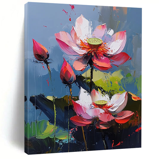 Contemporary hand-painted abstract artwork features vibrant lotus flowers with pink and red petals against a blue background creating a lively atmosphere. DLZ0423