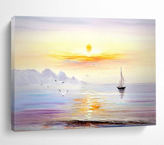 Sunset Sea Sailboat Oil Painting - Large Coastal Living Room Art DLZ181
