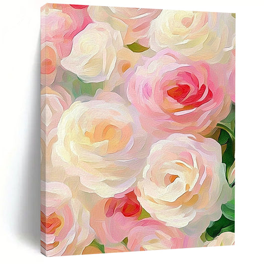 Contemporary hand-painted abstract artwork featuring soft pink and cream roses in an impressionist style, elegantly capturing romance against a muted pastel background. DLZ1203