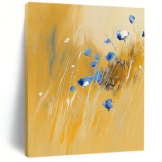 Contemporary abstract painting featuring tall grass and blue wildflowers, warm yellow tones, and light blues, evoking a minimalist vintage aesthetic reminiscent of Cuno Amiet. DLZ0491
