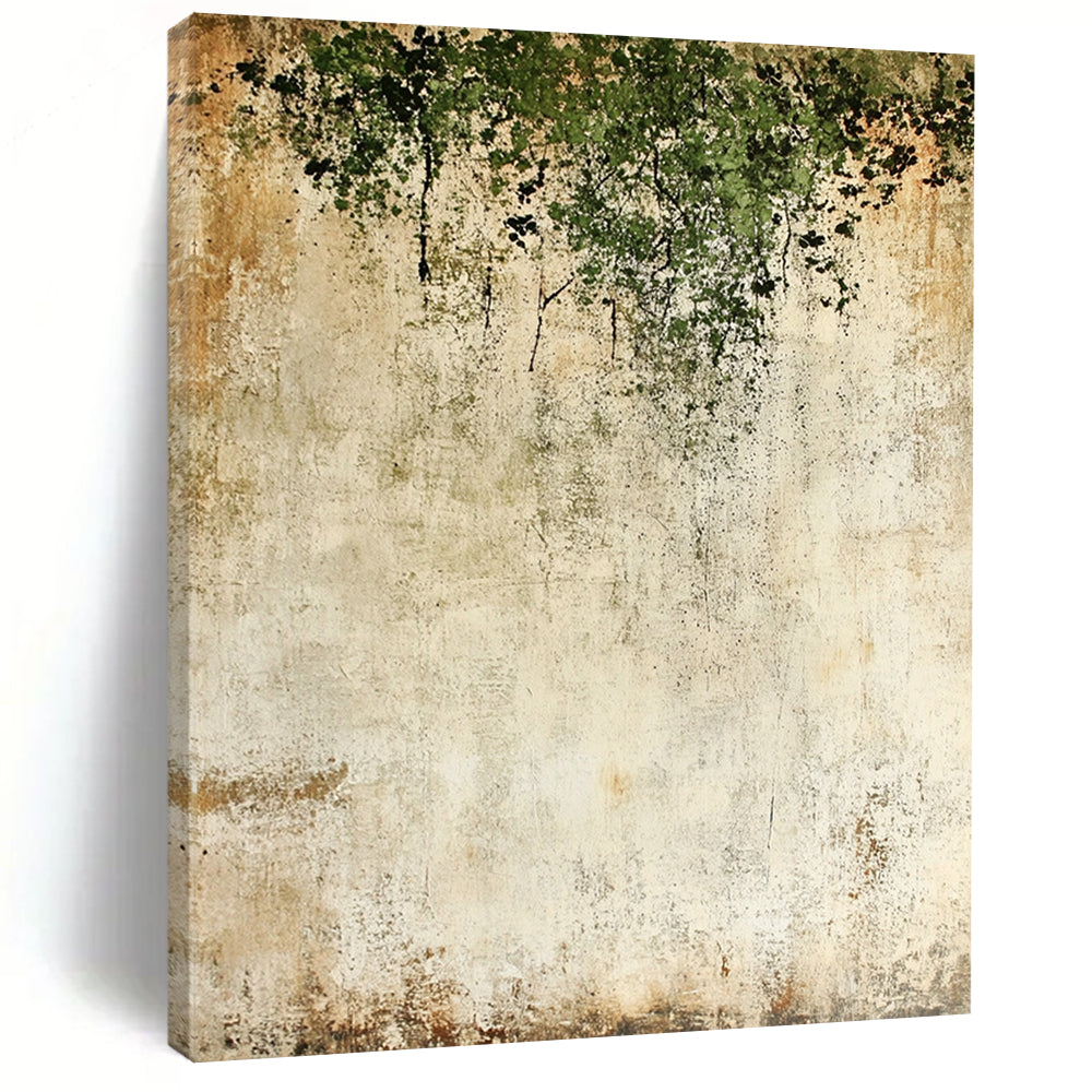 Contemporary hand-painted abstract backdrop features textured light beige and moss green with delicate dark flowers creating a unique artistic atmosphere. DLZ1722