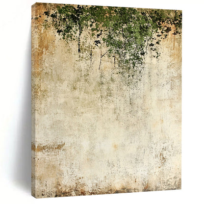 Contemporary hand-painted abstract backdrop features textured light beige and moss green with delicate dark flowers creating a unique artistic atmosphere. DLZ1722