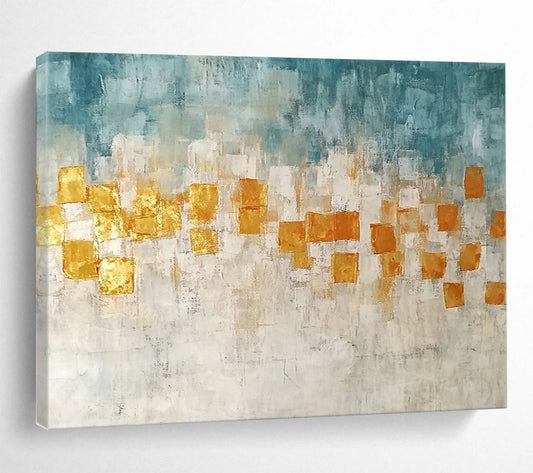 “Golden Squares” - Blue, Gold, White, Abstract Geometric Squares Painting On Canvas HB1048