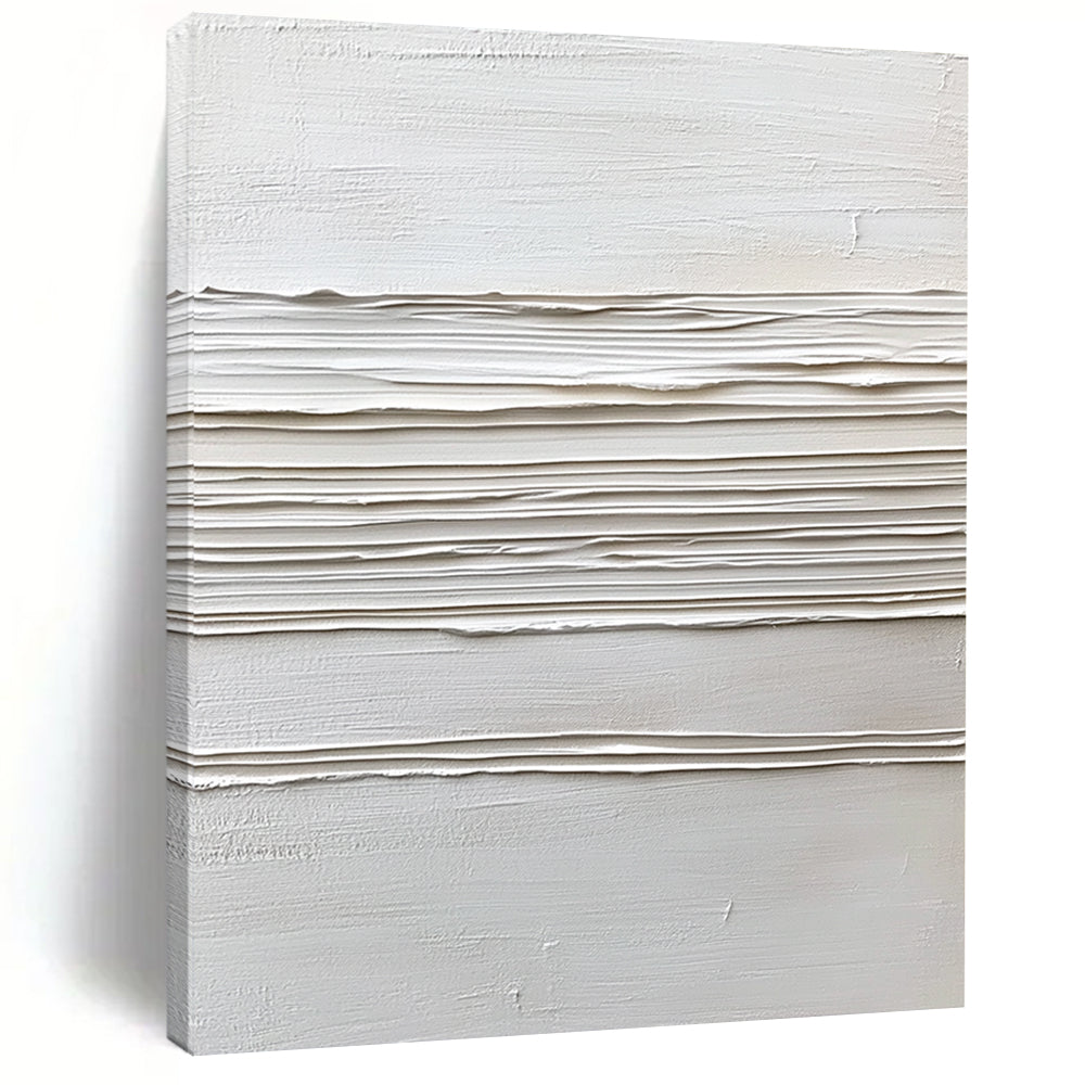 Contemporary abstract artwork featuring a white background with textured cream lines, celebrating minimalist style and dynamic brushstrokes in thick impasto. DLZ1738