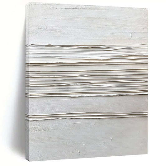 Contemporary abstract artwork featuring a white background with textured cream lines, celebrating minimalist style and dynamic brushstrokes in thick impasto. DLZ1738