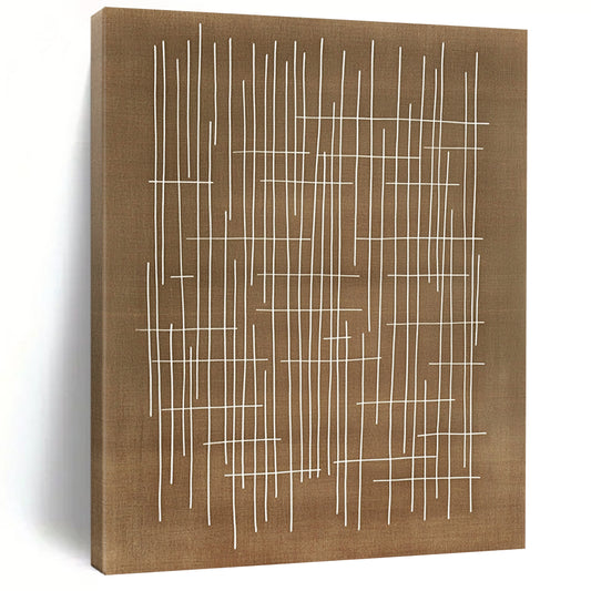 Contemporary abstract artwork featuring geometric patterns with white lines on a brown background inspired by Japanese calligraphy and Paul Klee's style. DLZ1159