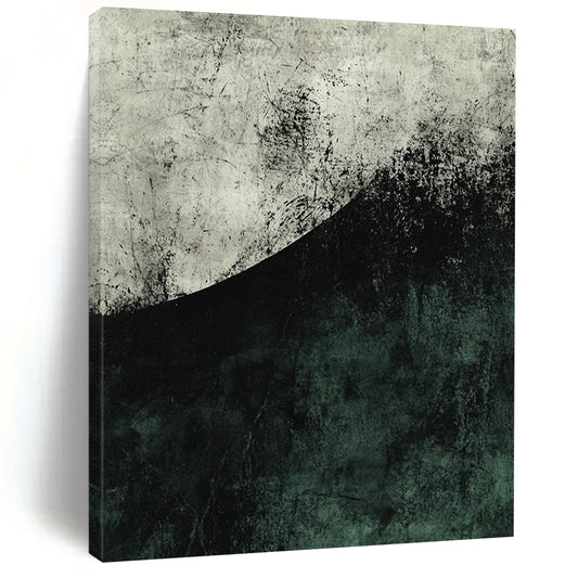 Contemporary abstract artwork featuring a large dark green and grey half circle with textured brushwork and strong negative space in muted tones. DLZ0809