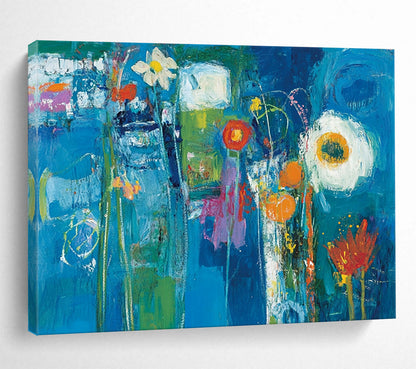 “Blue Floral Fantasy” - Deep blues, greens, oranges, whites; Abstract flowers in a vibrant blue dream; Expressionistic Acrylic Painting On Canvas HB1182