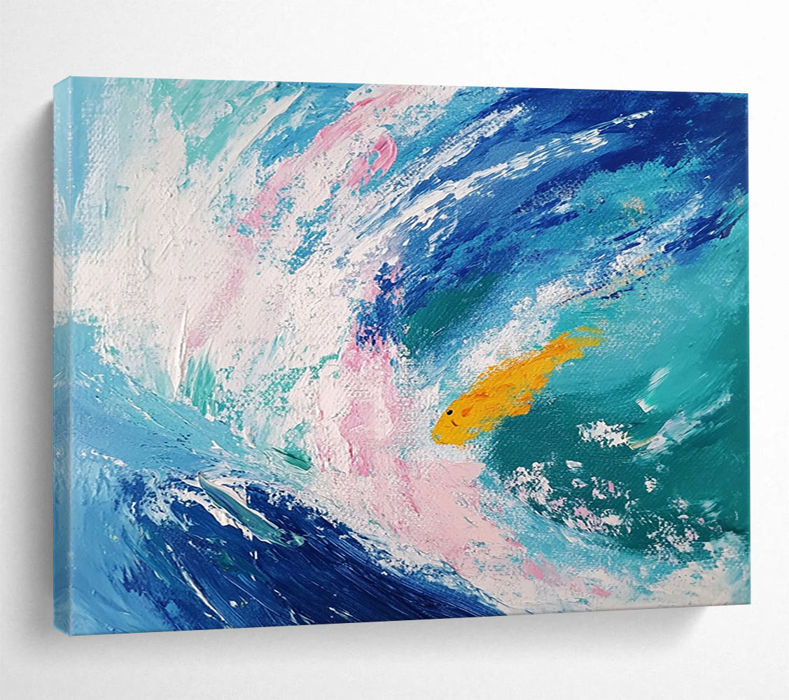 “Playful Fish in Colorful Waves” - Blue, pink, yellow; Abstract fish in waves; Expressive Acrylic Painting On Canvas HB1190
