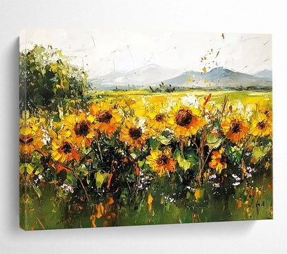 “Sunflower Field Impasto” - Thickly painted sunflowers in gold and green, Impasto Landscape Painting On Canvas HB0542