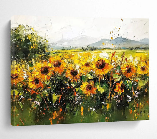 “Sunflower Field Impasto” - Thickly painted sunflowers in gold and green, Impasto Landscape Painting On Canvas HB0542