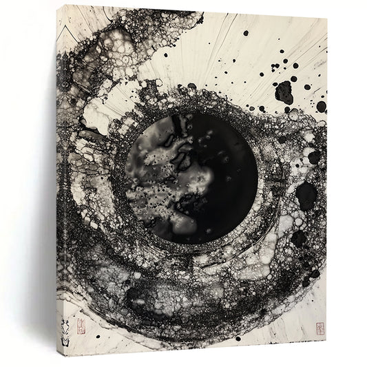 Black & White Bubbly Circular Ink - “Ethereal Ink Bubble” Painting On Canvas HB223