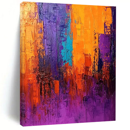 Contemporary abstract painting in vivid purple orange and blue with thick brush strokes dramatic lighting and rich texture create an atmospheric cityscape. DLZ0371