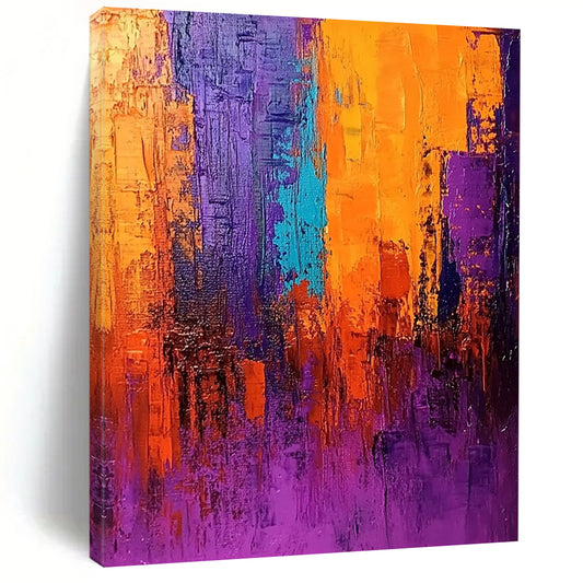 Contemporary abstract painting in vivid purple orange and blue with thick brush strokes dramatic lighting and rich texture create an atmospheric cityscape. DLZ0371