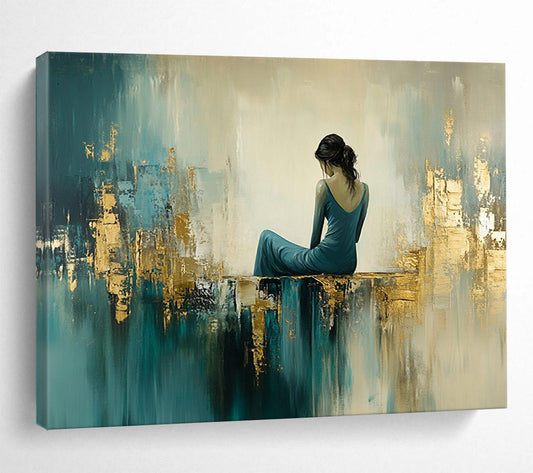 “Elegant Figure in Teal - Gold Abstract Space” - Teal, Gold, Figure, Abstract Figurative Painting On Canvas HB1106