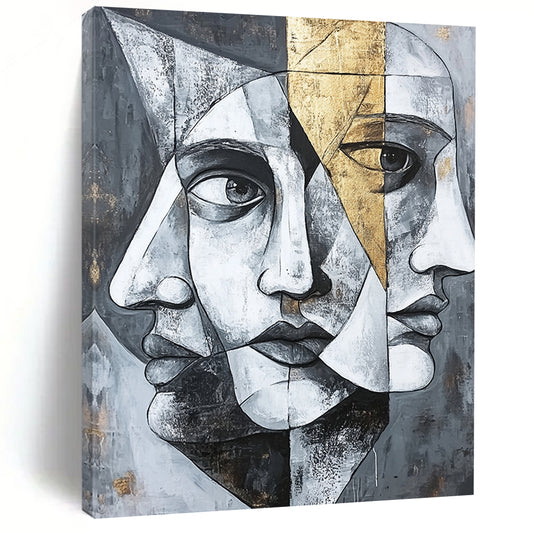 Gray, Black, White and Gold Cubist Portrait "Mystic Visage" Painting On Canvas HB374