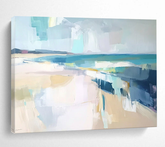 “Abstract Beach Day” - Blue, white, yellow, gray; Soft blocks mimic a hazy seaside; Minimalist Coastal Acrylic Painting On Canvas HB1175