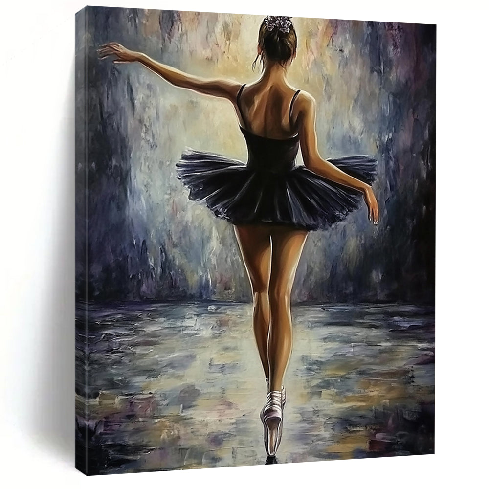 Contemporary abstract painting featuring a ballerina in a black dress, elegant pose, soft lighting, textured brush strokes, perfect for adding sophistication to any space. DLZ1672