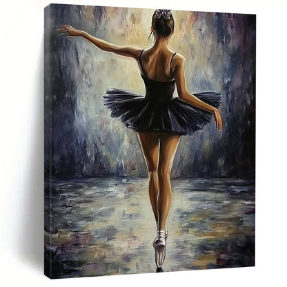 Contemporary abstract painting featuring a ballerina in a black dress, elegant pose, soft lighting, textured brush strokes, perfect for adding sophistication to any space. DLZ1672