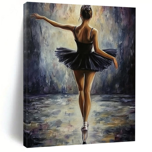 Contemporary abstract painting featuring a ballerina in a black dress, elegant pose, soft lighting, textured brush strokes, perfect for adding sophistication to any space. DLZ1672