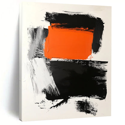 Contemporary abstract art features a striking orange square atop a bold black rectangle on a clean white background with dynamic brush strokes. DLZ1559