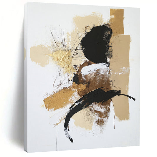 Contemporary abstract painting features a white background with a beige and black palette accented in gold utilizing dry brush technique and textured strokes. DLZ0432