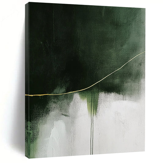 Contemporary abstract painting featuring a striking yellow line on a textured white and green background enhancing depth and visual impact. DLZ0847