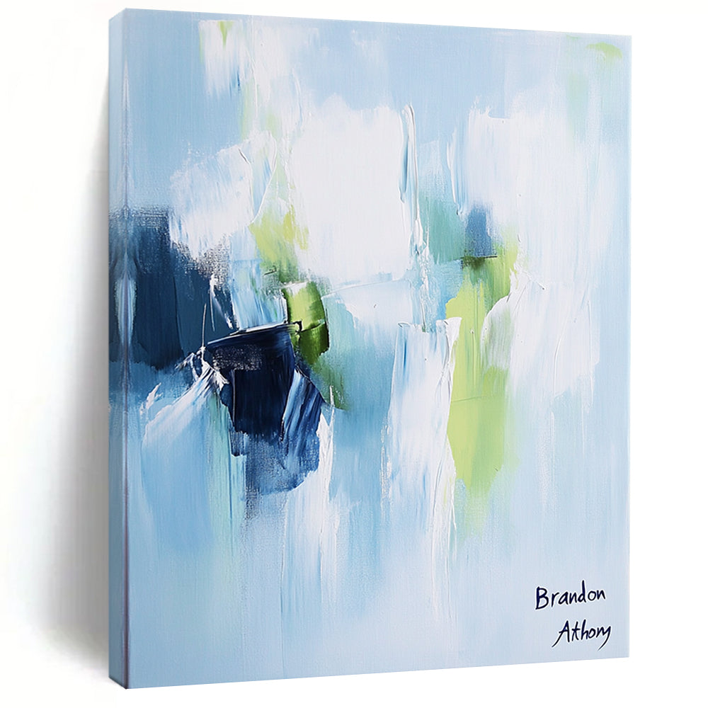 Contemporary hand-painted abstract artwork in light blue, white, and green tones creates a serene and peaceful atmosphere with elegant brush strokes. DLZ1045