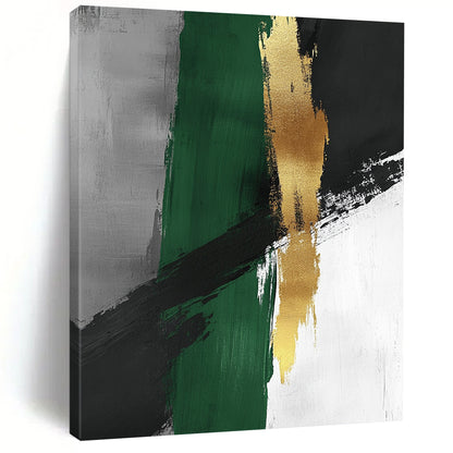 Contemporary abstract artwork featuring minimalist brush strokes in green and grey with luxurious gold accents, creating a serene and sophisticated ambiance. DLZ1615