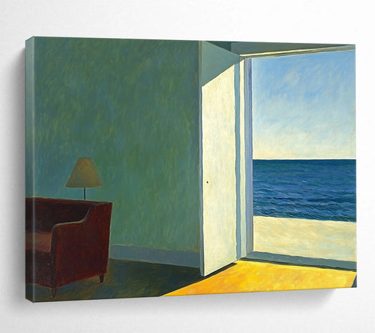 “Room with a View of the Sea” - Green, Blue, Yellow, Interior with Sea View - Realist Oil Painting HB1644