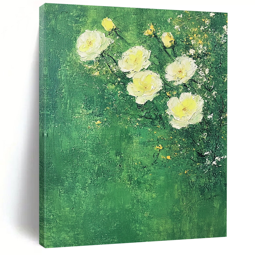 Contemporary abstract art featuring white roses on a textured green background with soft colors and minimalist Impressionist influences. DLZ1752