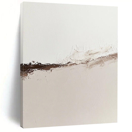 Contemporary abstract oil painting showcasing the tranquil boundary of water and desert sand in muted neutral tones with rich brown accents. DLZ1312